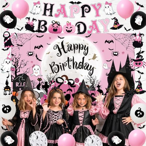 Pink Black Halloween Birthday Decorations Set - Kids Party Supplies with Banners, Balloons & Toppers (Variation: Black Pink)