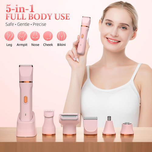 HOHOLE 5-in-1 Bikini Trimmer for Women, IPX7 Waterproof Electric Razors Shaver, Cordless Body Hair Trimmer, Facial & Pubic Hair Removal, Ceramic Blade (Pink)