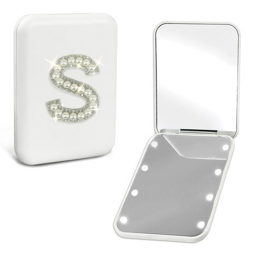 Aganmi Travel Essentials Accessories Personalized LED Pocket Mirror Pearl Letter 1X/2X Magnification Small Travel Makeup Mirror with Lights Folding Compact Mirror for Women Teen Girl White S