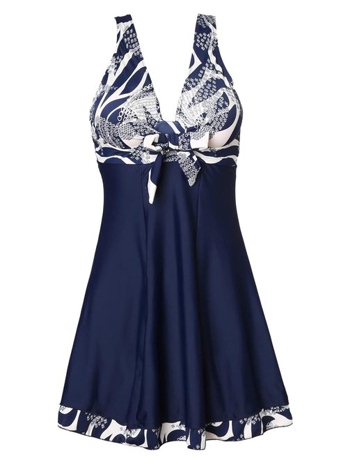 MiYang Women's One Piece High Waist Padded Swim Dress Navy Flower XXX-Large