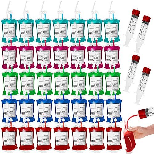 Halloween Blood IV Bag Drink Set with 50 Bags, 50 Labels, 50 Clips, 3 Syringes - Reusable Zombie Party Decorations