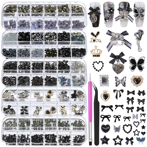 Black 3D Nail Charms Set with Tweezers & Brush - Manicure DIY Crafts