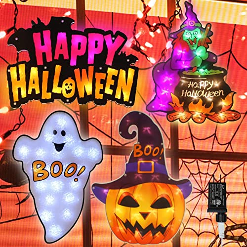 Halloween Window Silhouette Lights - 4 Pack Ghost, Witch, Jack-O-Lantern, Happy Halloween - Indoor/Outdoor Decor