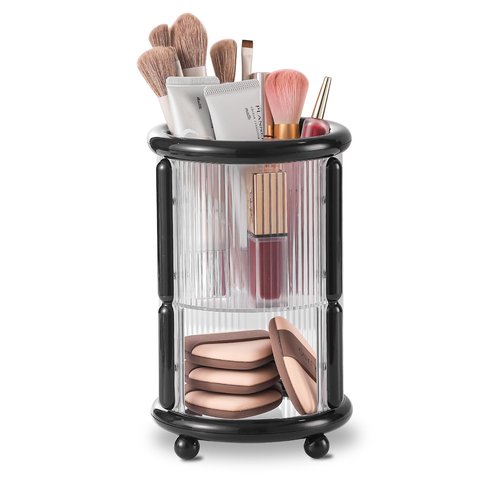 CLOKTA Makeup Brush Holder, 2 Tier Clear Cosmetic Tools Organizer, Round Makeup Organizer for Vanity Countertop (Black)
