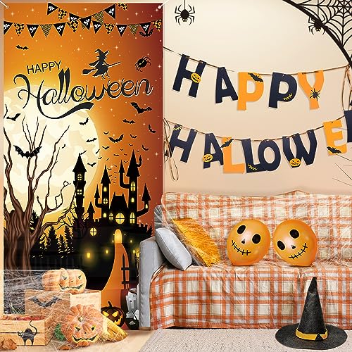 Halloween Door Cover - Happy Banner Decorations with Horror Pumpkin Witch Moon Bat - Brown