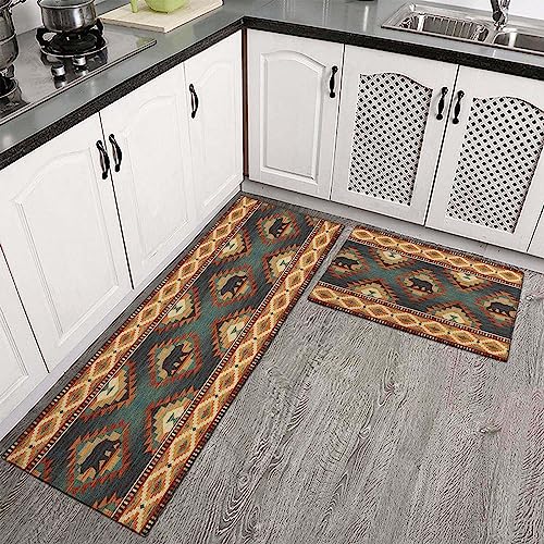 Farmhouse Rustic Bear Kitchen Rugs Set of 2 Non-Slip Washable Floor Mats