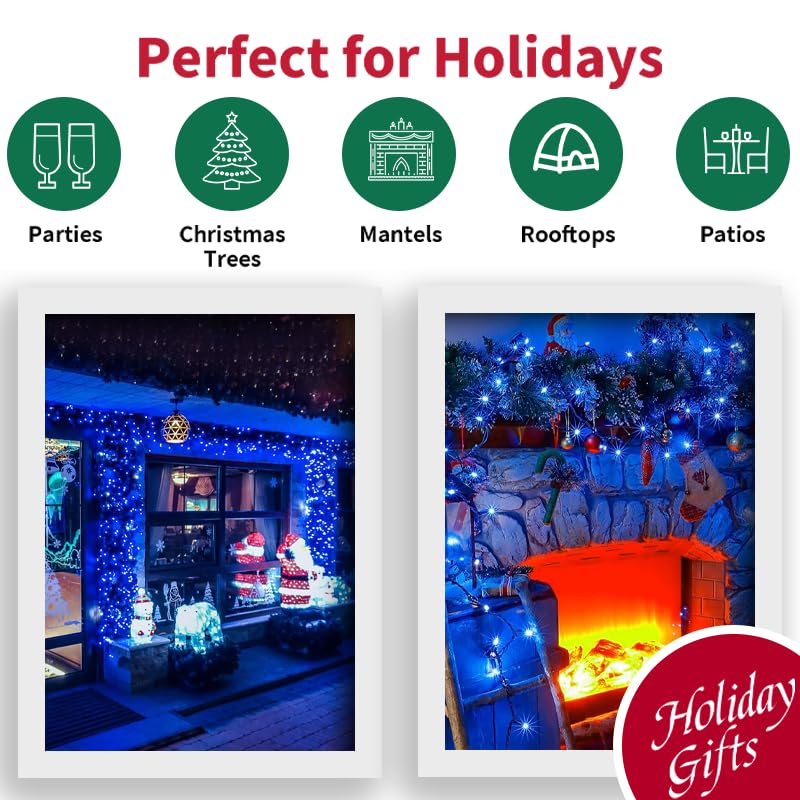 Blue Christmas String Lights - 50 LED Outdoor Mini Lights with 8 Modes & Timer - Waterproof Battery Operated, 16ft