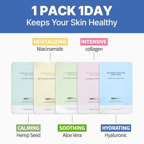 NEXTBEAU [PACK OF 20 Solution Sheet Mask Pack 5types x 4pc Aloe, Niacinamide, Collagen, Hemp seed, Hyaluronic Acid
