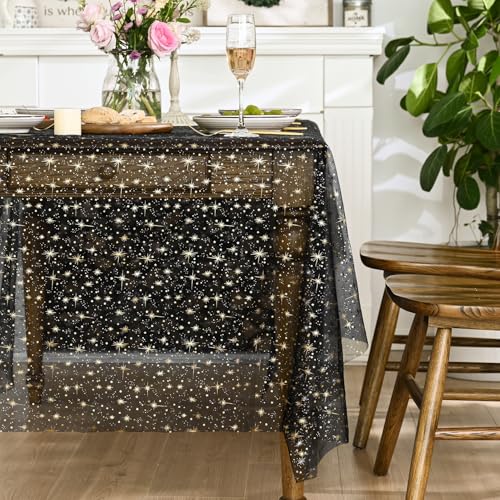 Horaldaily Black Gold Star Gauze Tablecloth 60x84 Inch Rectangular - Durable Polyester Home Decor