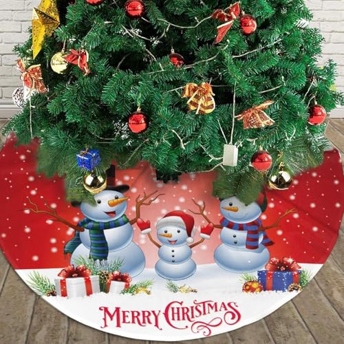 36in Snowman Family Christmas Tree Skirt - Red Background, Holiday Decor
