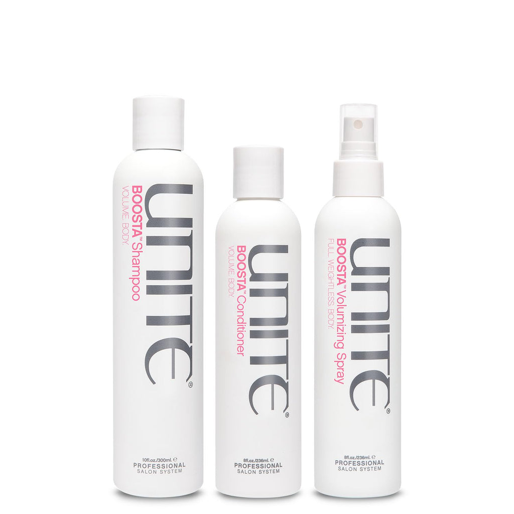 UNITE Hair BOOSTA Shampoo, Conditioner & Volumizing Spray - Adds Lift, Body & Shine for Fine Hair | 10 Fl Oz, 8 Fl Oz, 8 Fl Oz