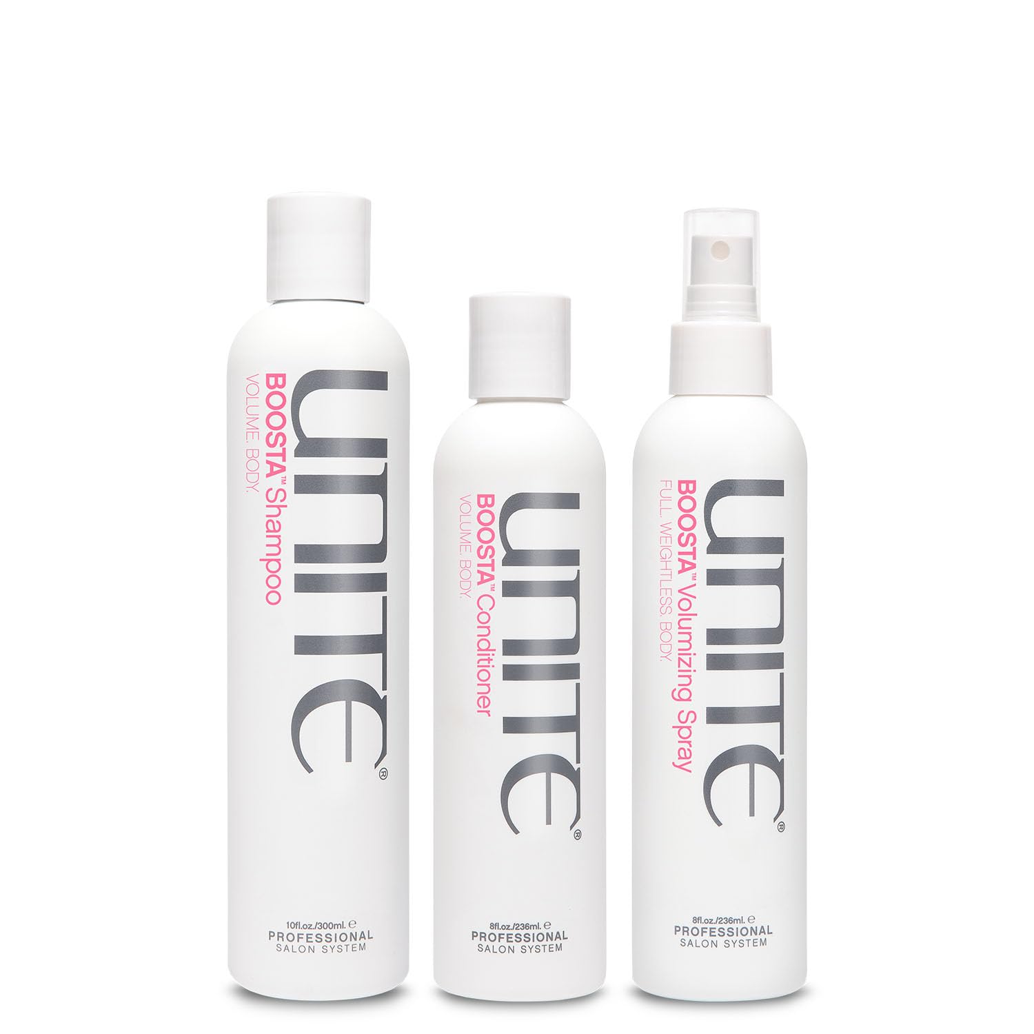 UNITE Hair BOOSTA Shampoo, Conditioner & Volumizing Spray - Adds Lift, Body & Shine for Fine Hair | 10 Fl Oz, 8 Fl Oz, 8 Fl Oz