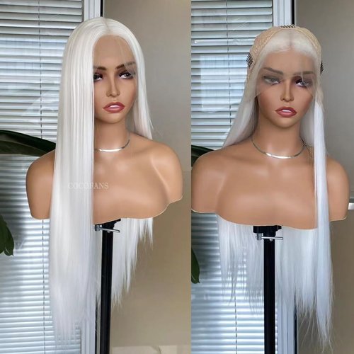 COCOFANS White Synthetic Lace Front Wigs for Women Girls Long Silky Straight Lace Wig Glueless Natural Hairline Wig Middle Part Heat Resitant Fiber Hair