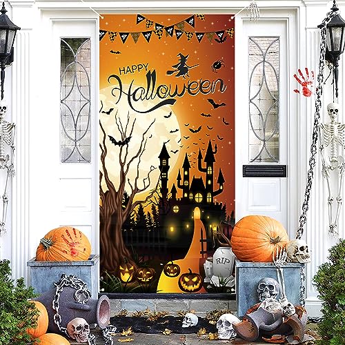 Halloween Door Cover - Happy Banner Decorations with Horror Pumpkin Witch Moon Bat - Brown
