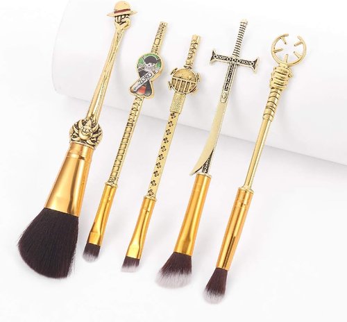 KF Ornament Set Of 5 One Piecess Anime Makeup Brushes - With Metal Handle, Velvet Gift Bag, Anime Peripheral, Birthday, Thanksgiving, Christmas, One Piece Fan Gift (Set)