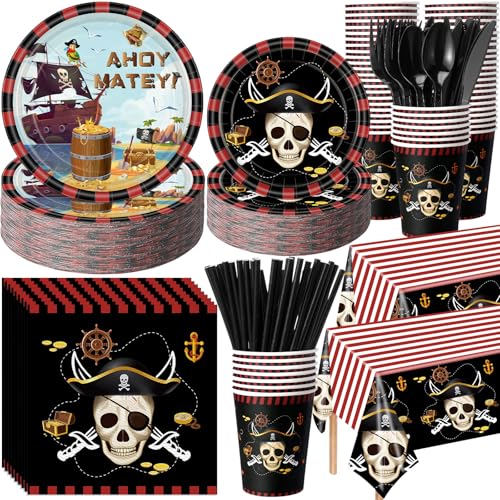 Pirate Party Plates Napkins Cups Cutlery Set for 50 Guests - Red Black Variation