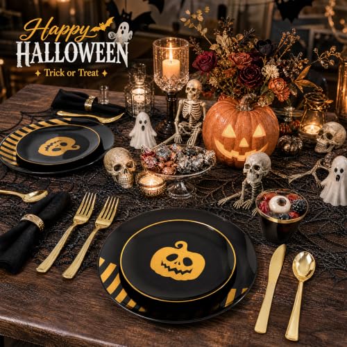 Halloween Pumpkin Party Plates & Silverware Set - Black Gold, 50 pcs