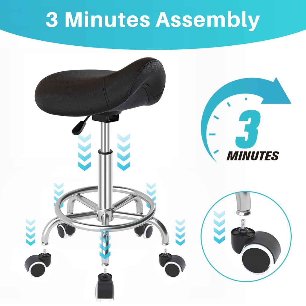 YEEZEE Saddle Stool Ergonomic- Comfortable Rolling Saddle Stool with Wide Thick Saddle Seat Padding, Swivel Adjustable Saddle Chair with Wheels and Ring Pedal for Medical Massage Salon (Dark Black)