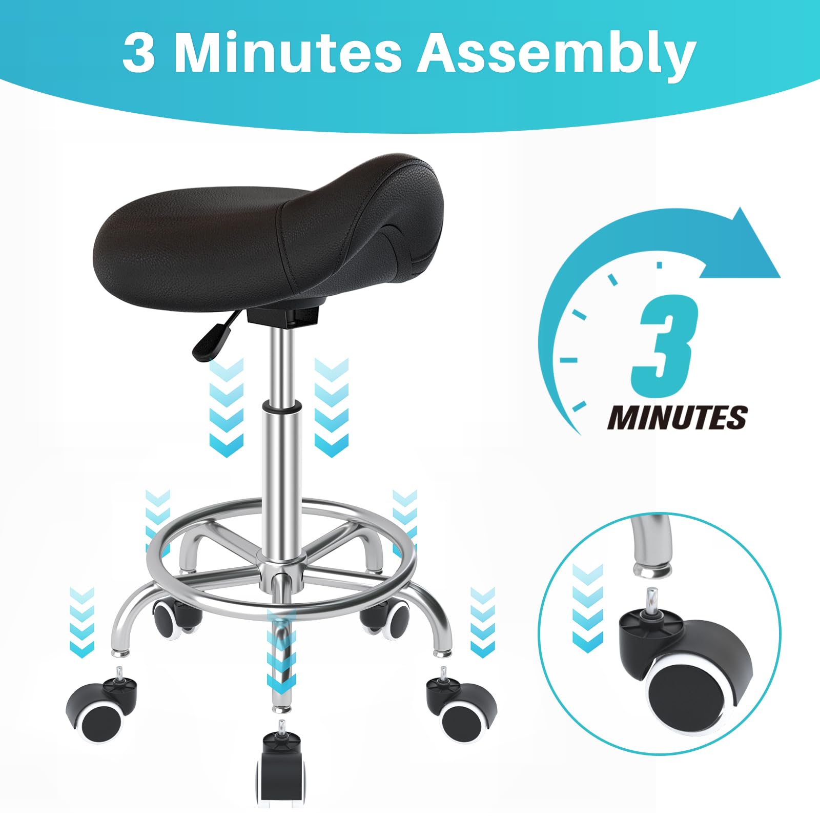 YEEZEE Saddle Stool Ergonomic- Comfortable Rolling Saddle Stool with Wide Thick Saddle Seat Padding, Swivel Adjustable Saddle Chair with Wheels and Ring Pedal for Medical Massage Salon (Dark Black)
