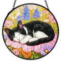 Cat Flower Stained Glass Window Hanging – Handcrafted Sun Catcher with Metal Frame, 7.9 Inches