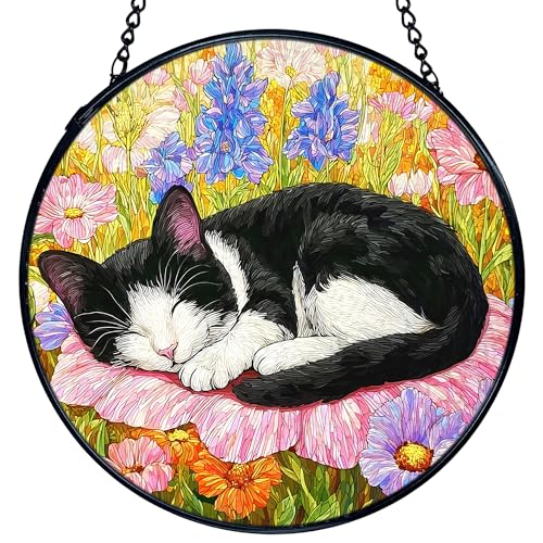 Cat Flower Stained Glass Window Hanging – Handcrafted Sun Catcher with Metal Frame, 7.9 Inches