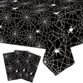 Merriva Black Spider Web Halloween Plastic Tablecloth Set - Disposable 54x108 Inch Rectangular Cover with Spooky Cobweb & Spider Print, 3 Pieces