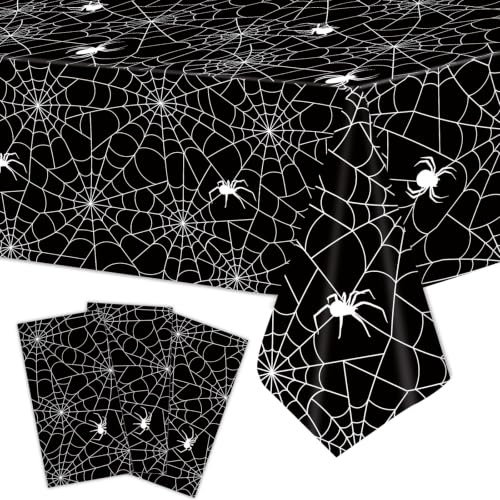 Merriva Black Spider Web Halloween Plastic Tablecloth Set - Disposable 54x108 Inch Rectangular Cover with Spooky Cobweb & Spider Print, 3 Pieces