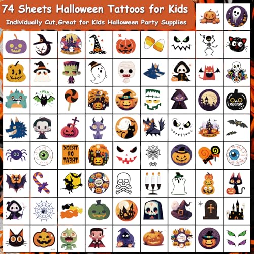 Kids Halloween Temporary Tattoos Set - 74 Waterproof & Non-Toxic Sheets
