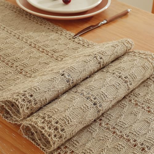 Brown Burlap Boho Table Runner 12x108 Inches with Tassels - Rustic Farmhouse Decor