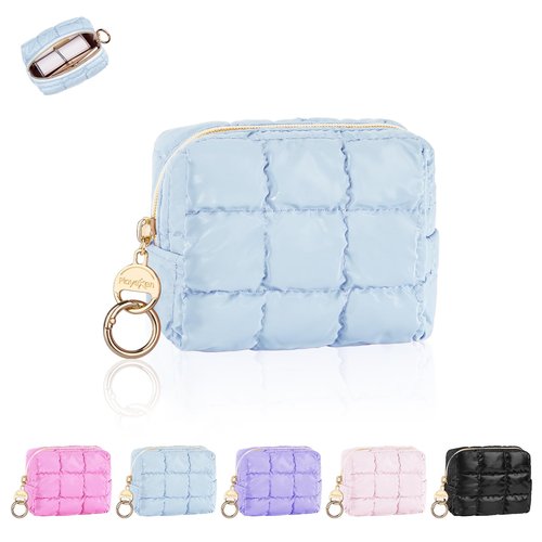 Playexen Puffy Mini Makeup Bag, Cute Quilted Small Cosmetic Bag for Purse, Portable Travel Makeup Pouch for Lipsticks, Chapsticks, Earphone, Credit Card, Birthday/Wedding/Christmas Gifts (Blue)
