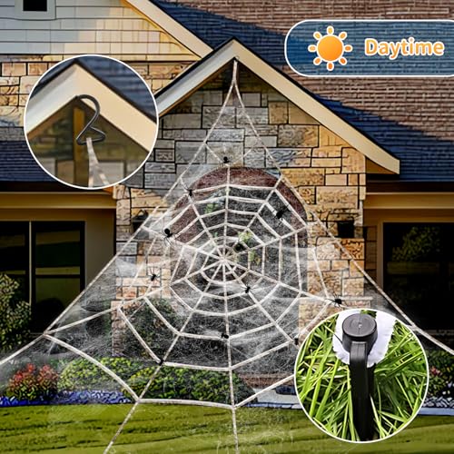 Outdoor Halloween Spider Web Decorations with 260 LED Lights, Waterproof, 16.4 ft Large Web with Spider & Stakes