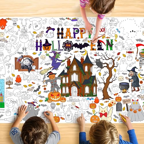 Halloween Coloring Tablecloth Giant Poster with Haunted Castle Pumpkins Bats Ghosts - Halloween-2