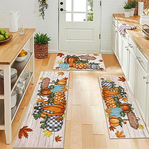 Fall Pumpkin Kitchen Rug Set of 3 - Washable Harvest Mats with Runner Variations
