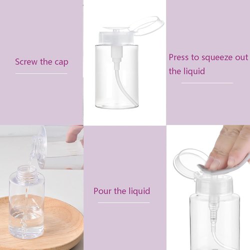 Push Down Pump Dispenser, 6.8oz Clear Pump Bottles with Alcohol, Acetone, Nail Polish Remover, Makeup Remover, Toner Stickers Empty Push Top Container for Liquid (200ml-4Pack)