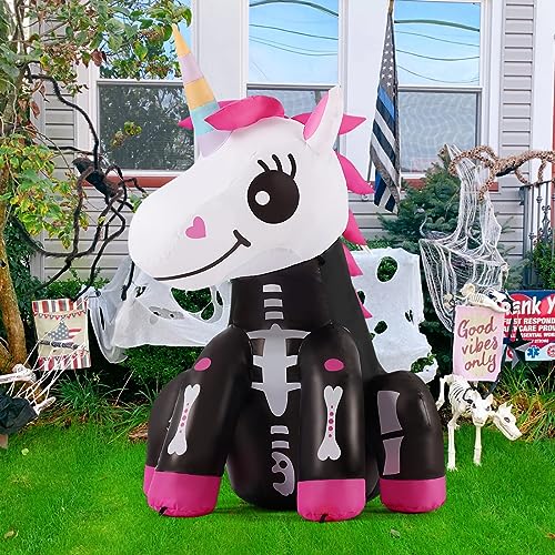 Halloween Inflatable Skeleton Unicorn Decor with LED Lights - 4Ft Pink Yard Decoration