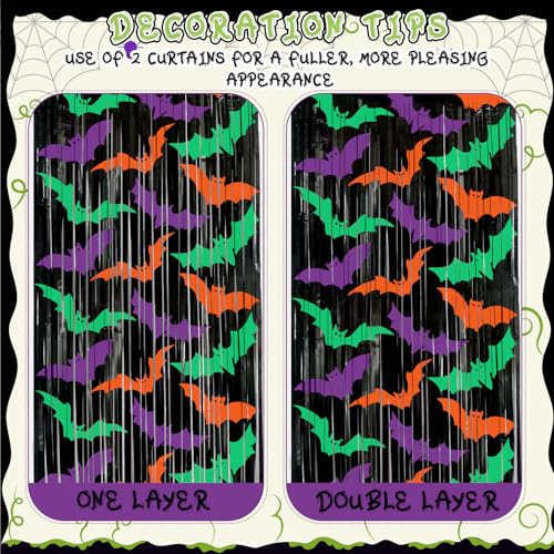 Bat Foil Fringe Curtains - Purple, Green, Orange Halloween Door Streamers for Photo Backdrop