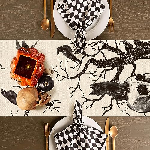 Halloween Table Runner 13x72 Inch Gothic Skull Black Cat Crow Silhouette Tree Decor