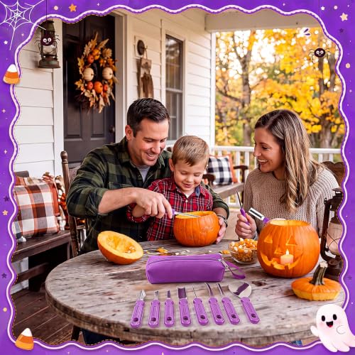 Halloween Pumpkin Carving Kit with 7 Tools & Purple Storage Bag - DIY Jack O Lantern
