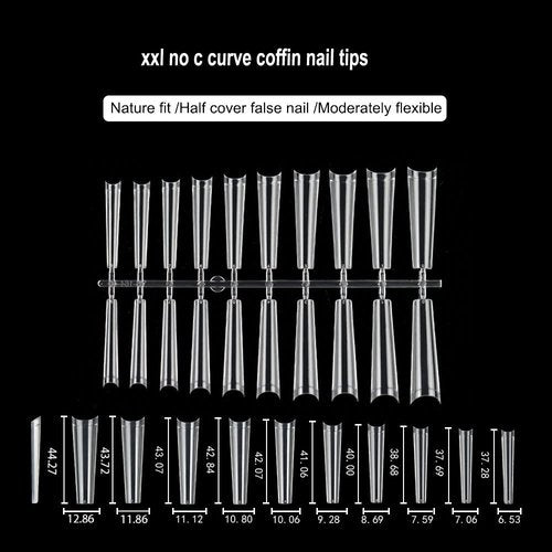 SITELENABY 500pcs Extra Long Clear Acrylic Coffin Nails - No C Curve, 10 Sizes (Coffin 500pcs) With Case