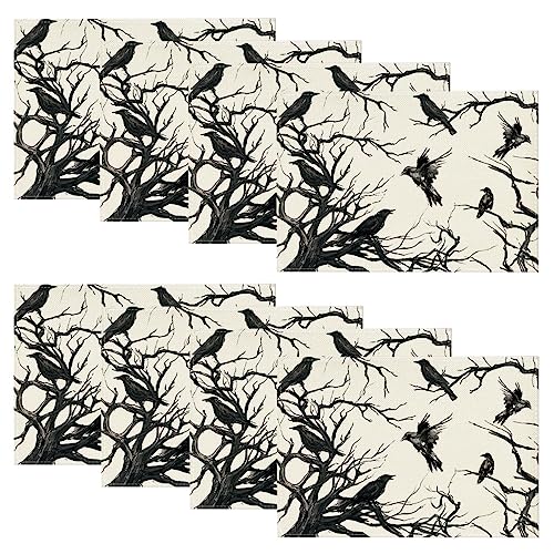 12x18 Inch Halloween Crows Tree Branches Placemats Set of 8 - Seasonal Fall Table Decor