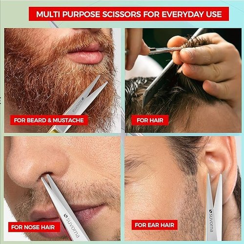 Suvorna small scissors for beard, mustache, facial, nose, eyebrow, and ear hair - Hair scissors for cutting, trimming & grooming - Made with 4.5" stainless steel for barbers, professional, & home user