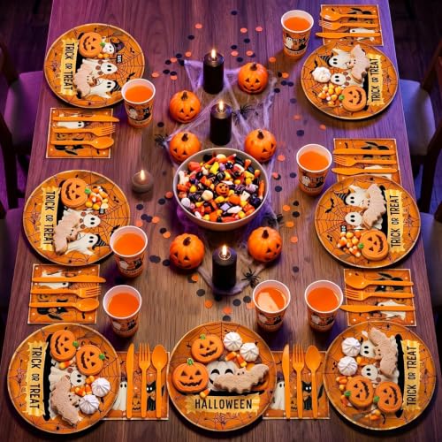 Halloween Party Supplies Set with Plates Cups Napkins & Utensils - Orange Pumpkin Ghost Design, Serves 20