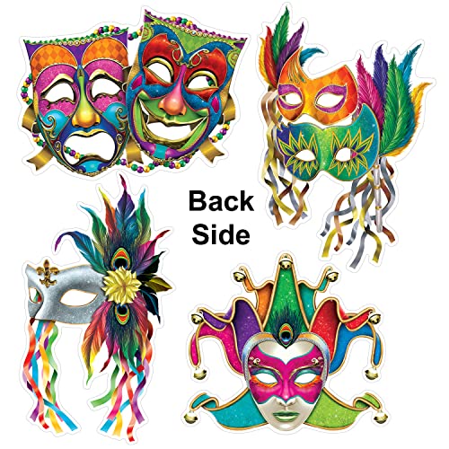 Mardi Gras Mask Decorations Set - 8 Foil Cardstock Wall Cut Outs for Carnival Party