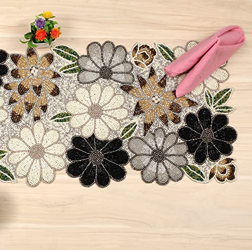 Lightnpro Beaded Floral Table Runner 13x36 Brown Multi for Holiday & Rustic Decor - Handmade