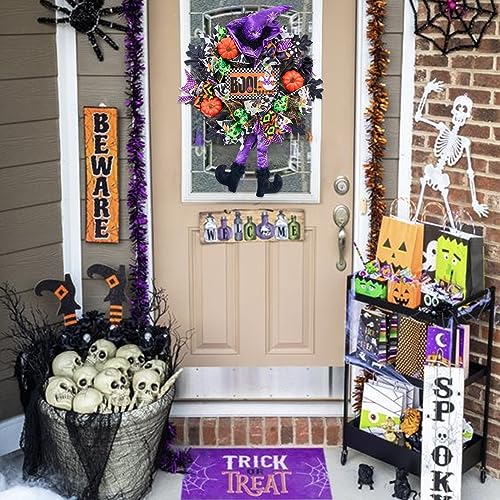 Halloween Wreath for Front Door - 20 Inch Whimsical Mesh Decor with Witch Accents