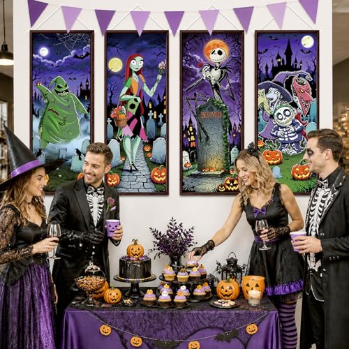 Halloween Decorations Set - 4 Retro Holiday Porch Banners for Doorway & Wall Decor