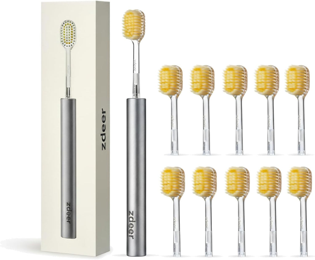 ZDEER Ultra Soft Bristle Toothbrush - Gentle Care for Sensitive Gums | Aluminum Alloy Handle, 11 Replaceable Heads