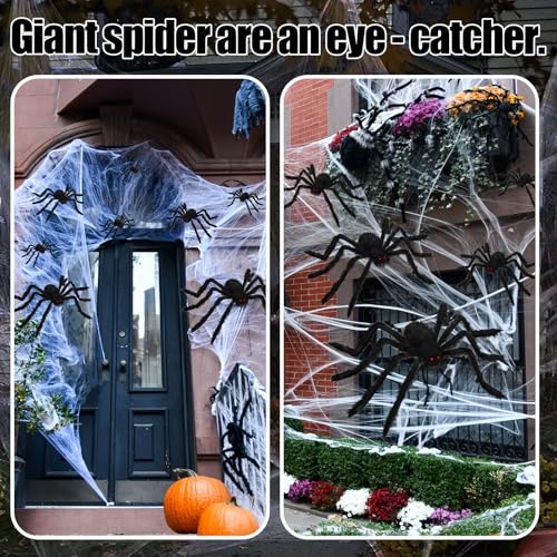Giant Halloween Spider Decorations Set - 10 Black Plush Spiders with Red Eyes for Outdoor & Indoor Haunted Decor