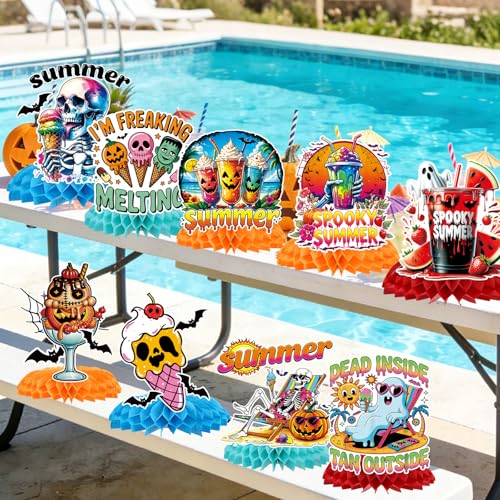 Summer Halloween Ghost & Beach Honeycomb Centerpieces - 9 Pack