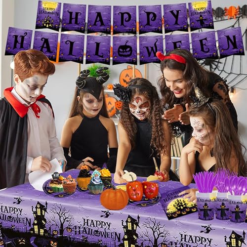 Purple Halloween Party Decorations Set - Banner, Tablecloth, Plates & Cups for 24 Guests